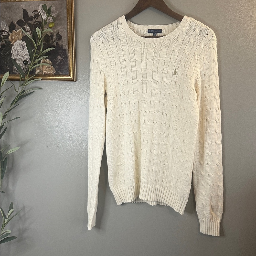 Ralph Lauren Cable Knit Sweater Cream Cotton Preppy Classic Logo Quiet Luxury L - Picture 5 of 7